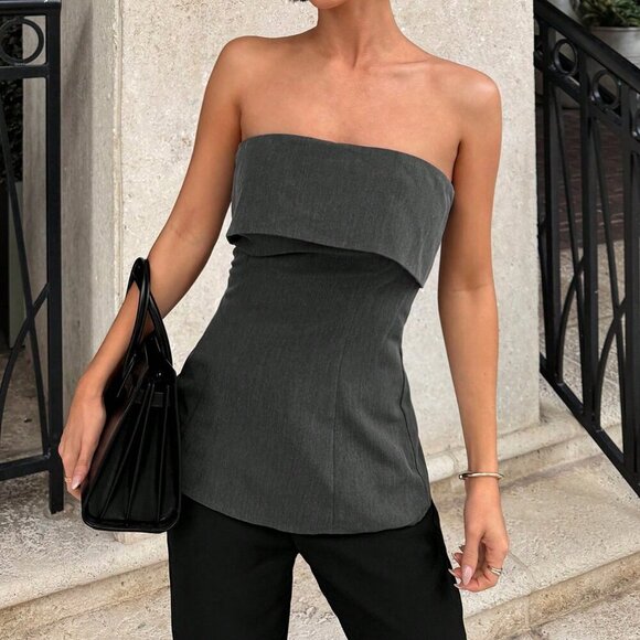 Grey Casual Women's Sleeveless Bandeau Side Slit Hem Blouse - Picture 2 of 6